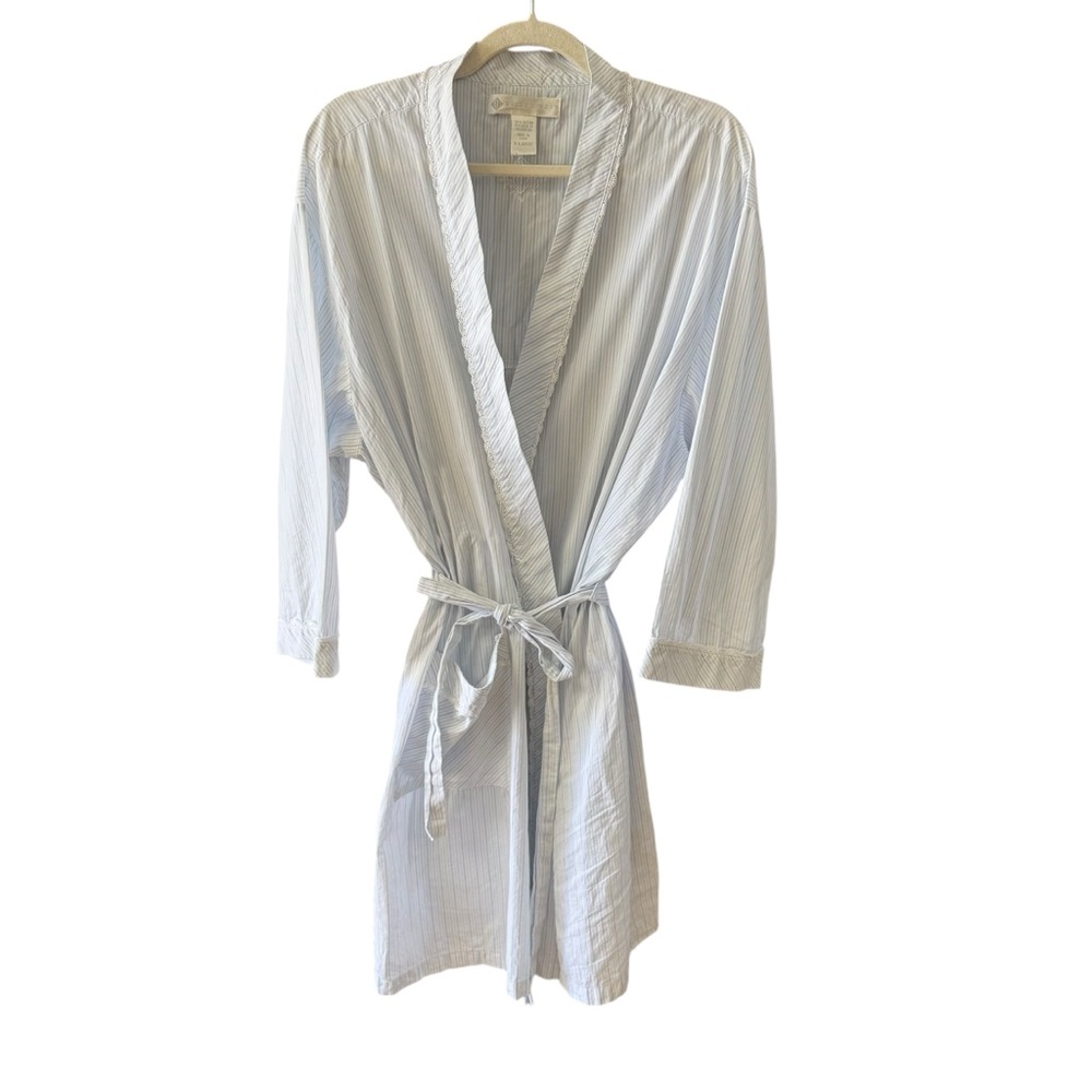 EILEEN WEST Light Blue Pinstripe Cotton Robe